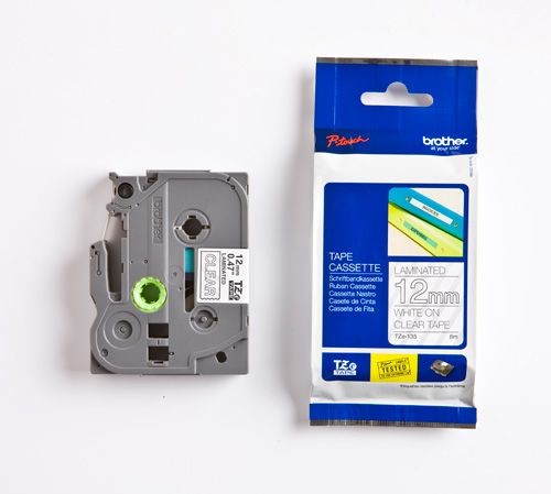 Brother TZe-135 | biały nadruk na przezroczystym tle, 12 mm szerokości 