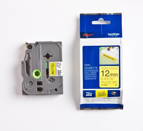 Brother TZeS-631 | czarny nadruk na żółtym tle, z mocnym klejem12 mm szerokości 