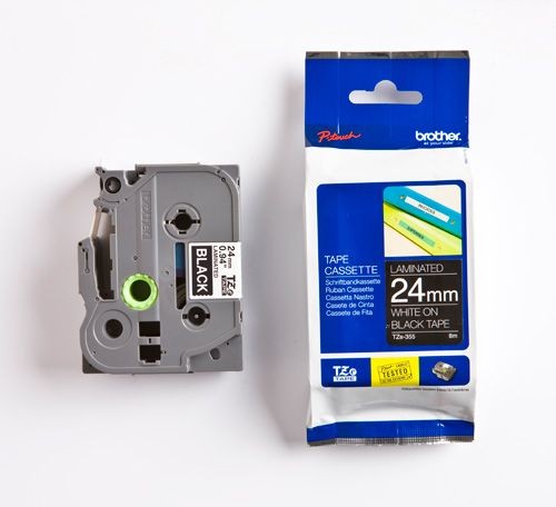 Brother TZe-355 | biały nadruk na czarnym tle, 24 mm szerokości 